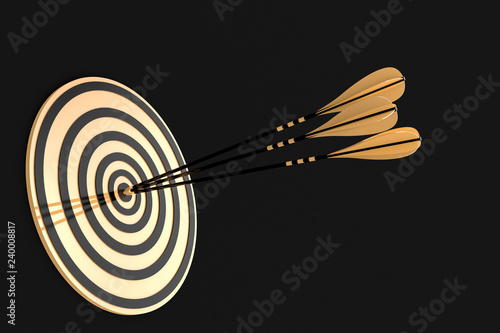 three golden arrows hit the gold target on a black background