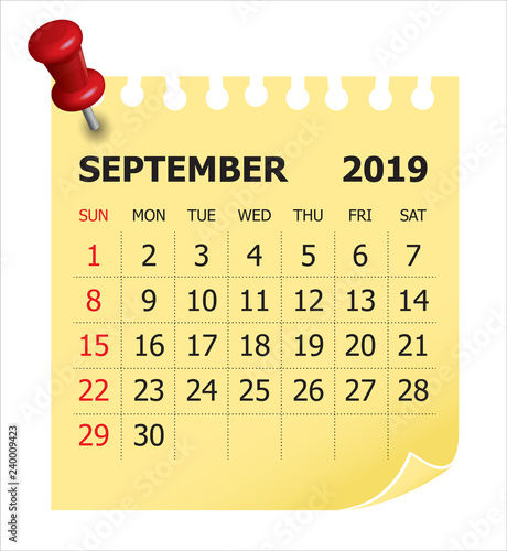 September 2019 monthly calendar vector illustration