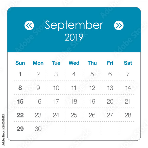 September 2019 monthly calendar vector illustration