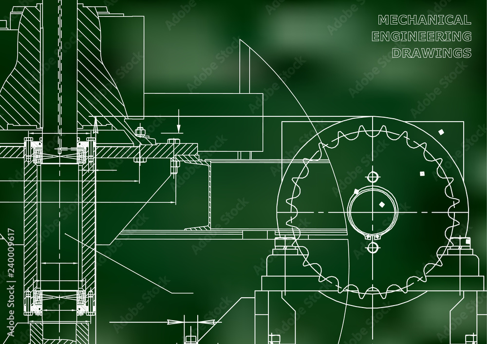 Fototapeta premium Engineering illustrations. Blueprints. Mechanical drawings. Technical Design. Banner. Green background. Grid