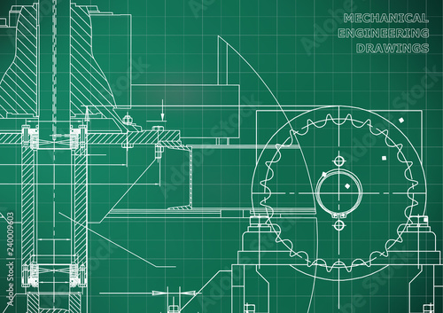 Engineering illustrations. Blueprints. Mechanical drawings. Technical Design. Banner. Light green background. Grid