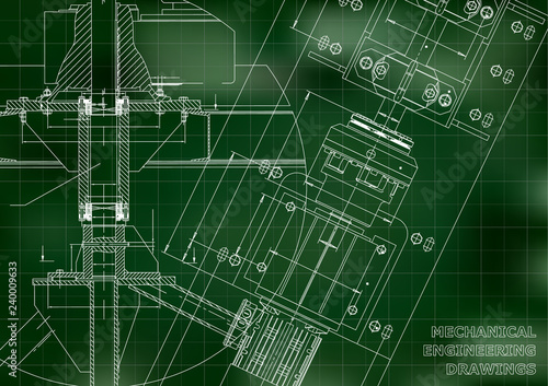 Mechanical engineering drawings. Technical Design. Blueprints. Green background. Grid