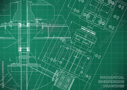Mechanical engineering drawings. Technical Design. Blueprints. Light green background. Grid