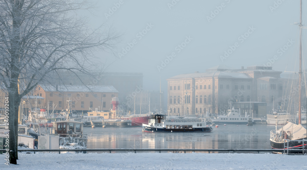 Εκτύπωση καμβά First boat in winter morning mist