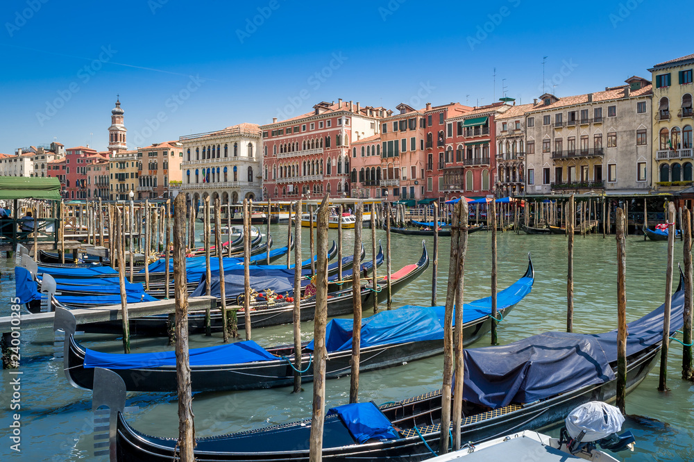 Beautiful gondolas moored at Venice channel