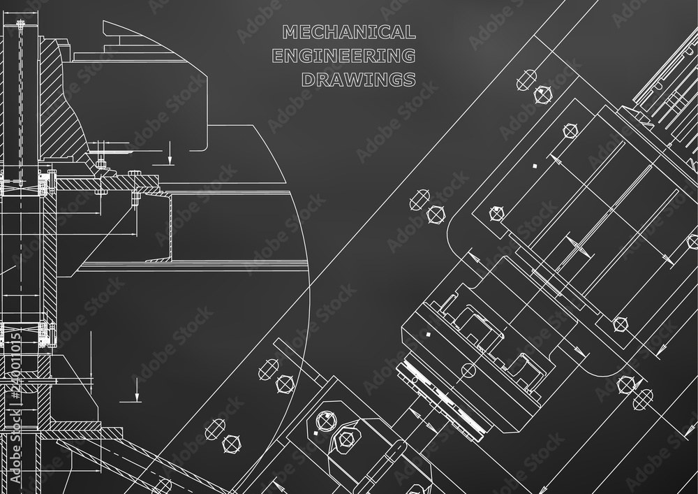 Mechanical engineering drawings. Technical Design. Instrument making. Blueprints. Black background. Grid