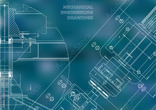 Mechanical engineering drawings. Technical Design. Instrument making. Blueprints. Blue background. Grid