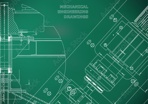 Mechanical engineering drawings. Technical Design. Instrument making. Blueprints. Light green background. Grid