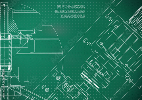 Mechanical engineering drawings. Technical Design. Instrument making. Blueprints. Light green background. Points