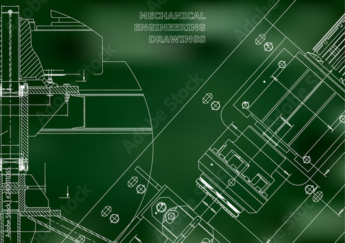 Mechanical engineering drawings. Technical Design. Instrument making. Blueprints. Green background. Grid