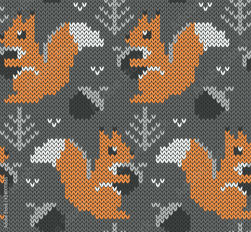 Squirrel jacquard knitted seamless pattern. Grey background with cute woodland  animals. Vector illustration.