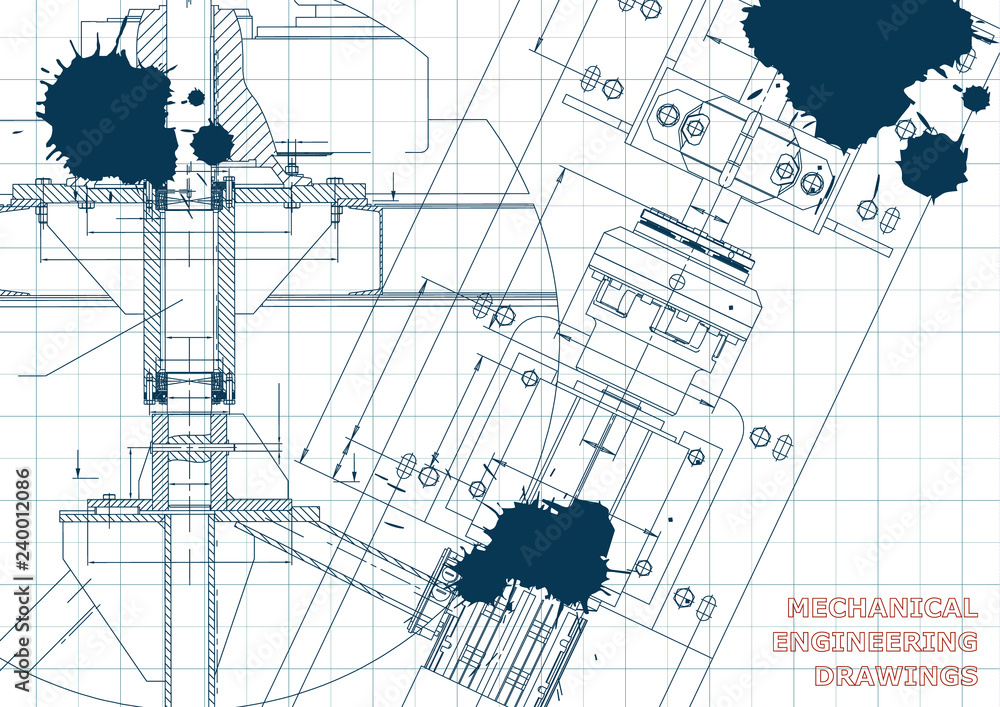 Mechanical engineering drawings. Technical Design. Blueprints. Draft. Ink. Blots