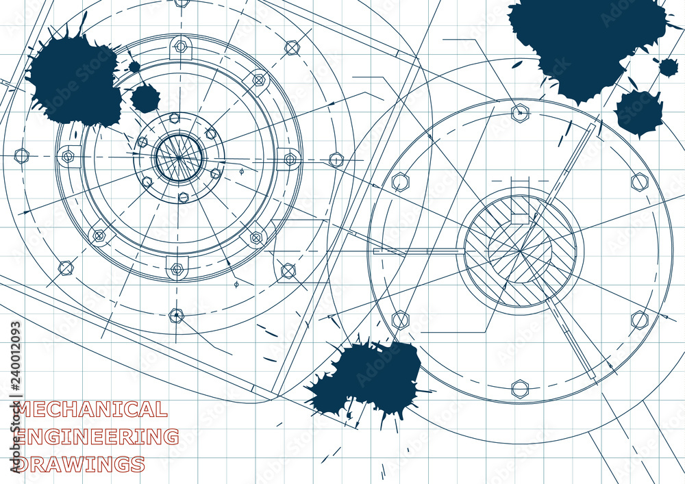 Obraz premium Mechanical engineering drawings. Vector background. Draft. Ink. Blots