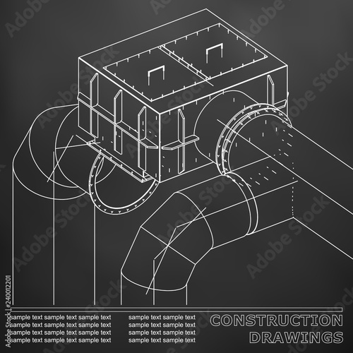 Drawings of steel structures. Pipes and pipe. 3d blueprint of steel structures. Black background. Grid
