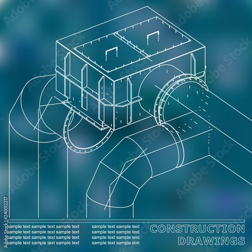 Drawings of steel structures. Pipes and pipe. 3d blueprint of steel structures. Blue background. Grid
