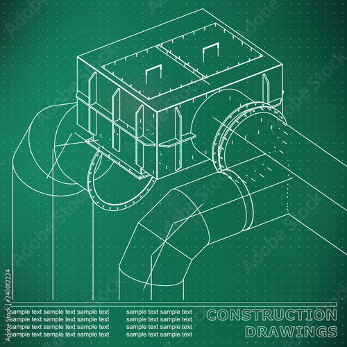Drawings of steel structures. Pipes and pipe. 3d blueprint of steel structures. Light green background. Points
