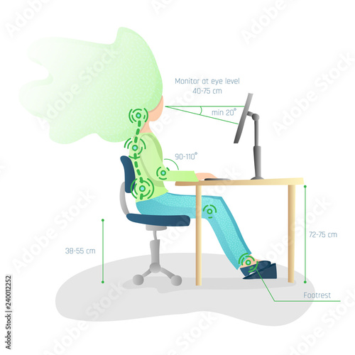 Ergonomic, healthy Correct sitting Spine Posture. Healthy Back and Posture Correction illustration. Office Desk Posture. Curvature of Spine with Good Position sitting when working at Computer