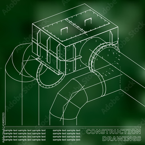 Drawings of steel structures. Pipes and pipe. 3d blueprint of steel structures. Green background. Grid