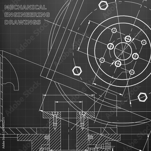 Mechanics. Technical design. Engineering. Black background. Grid