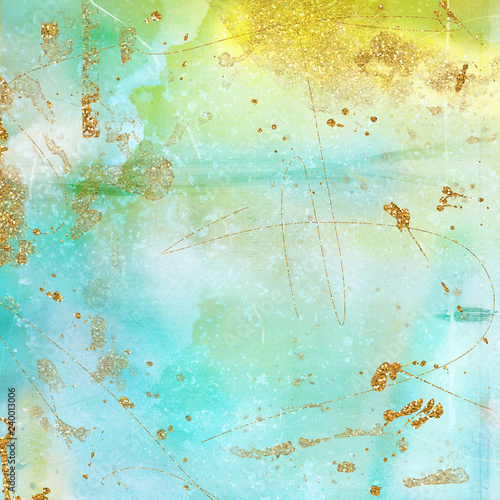 Collage texture background with grungy brush strokes, patterns and gold details. Bohemian and artistic style with glitter, drips, stains and paint effect.