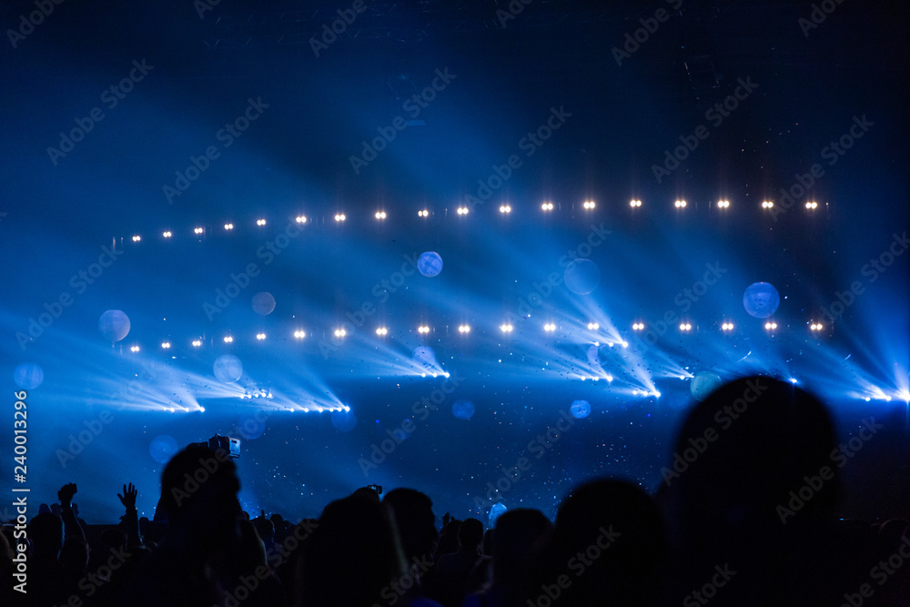 Silhouette of a concert crowd. The audience looks towards the stage.