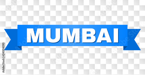 MUMBAI text on a ribbon. Designed with white caption and blue stripe. Vector banner with MUMBAI tag on a transparent background.