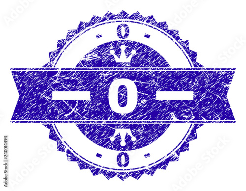 0 rosette stamp imprint with grunge style. Designed with round rosette, ribbon and small crowns. Blue vector rubber print of 0 title with grunge style.