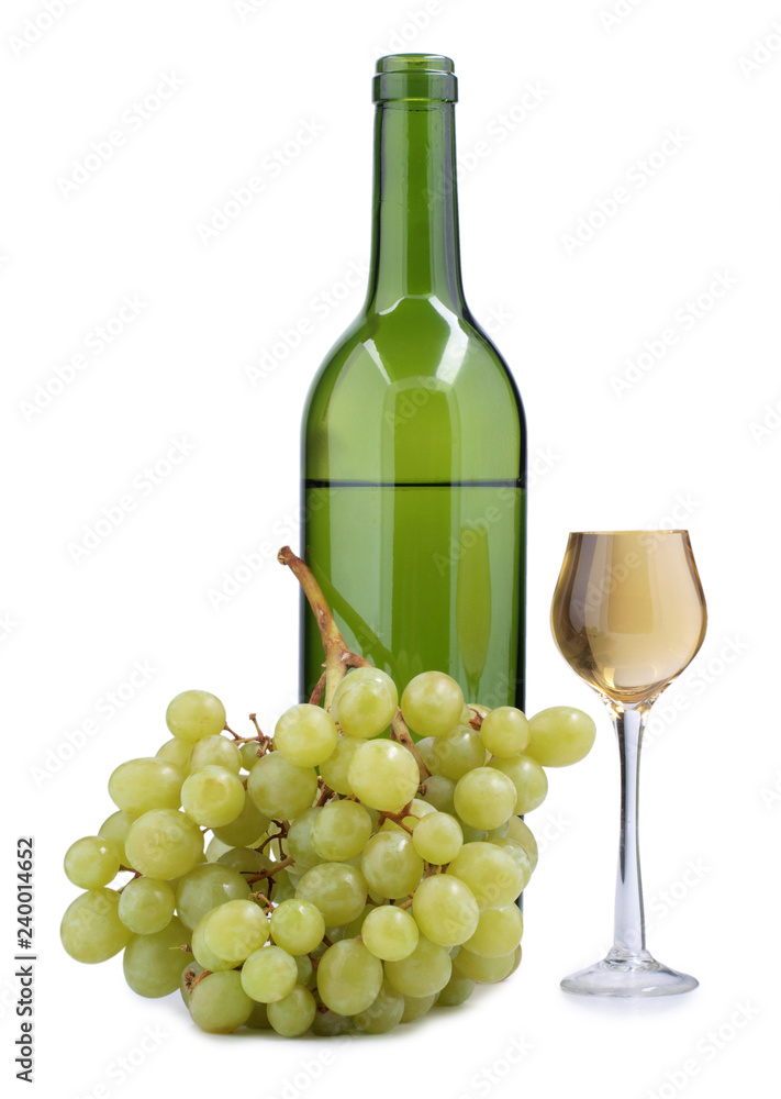 Glass of wine and green grapes on white background