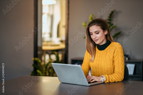 Beautiful casual woman using laptop.