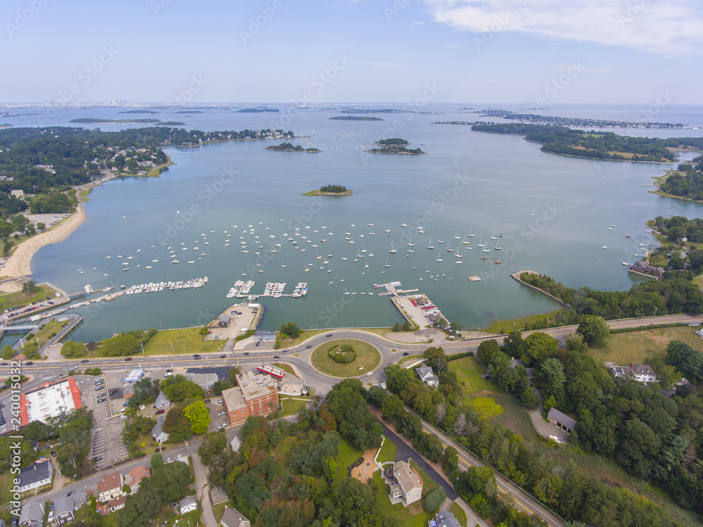 Hingham Harbor aerial view in Hingham near Boston, Massachusetts, USA.