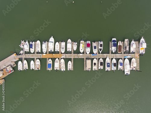 Yachts at pier top view in Hingham Harbor near Boston, Massachusetts, USA. photo