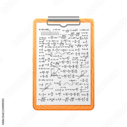 Realistic wooden clipboard with lot of complicated math calculations and formulas on white
