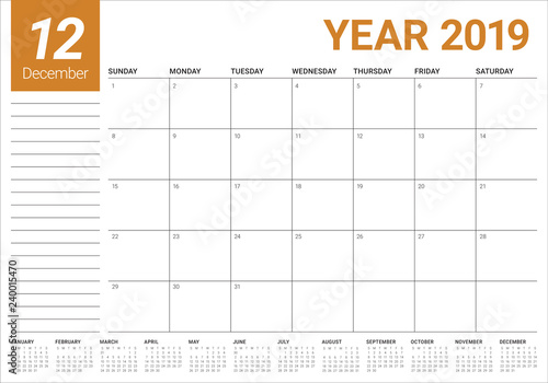 December 2019 desk calendar vector illustration