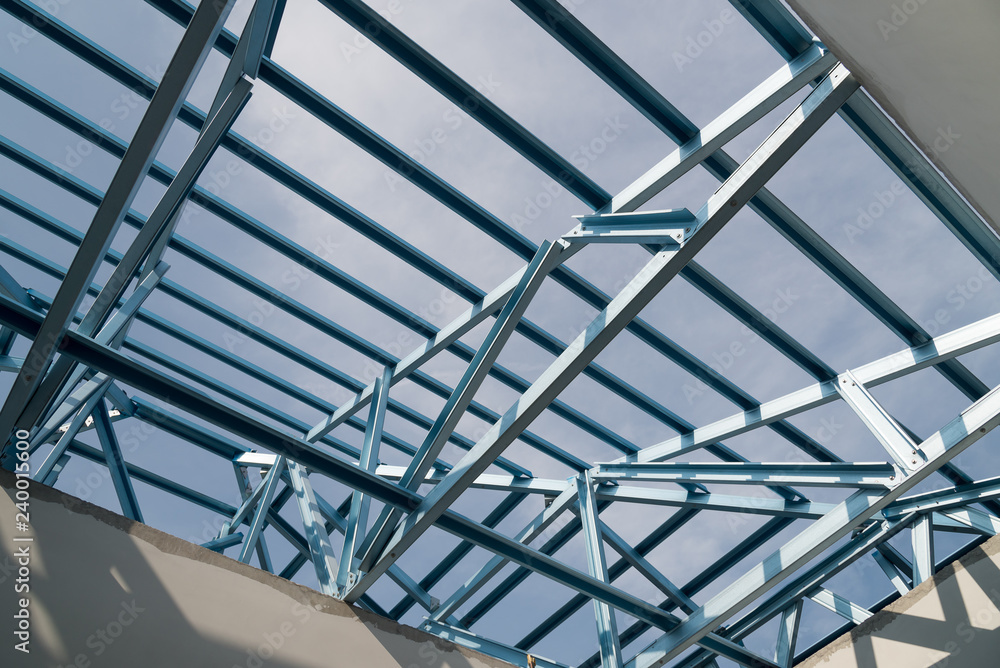 Structure of steel roof frame for building construction. Structure of steel roof frame for building construction.