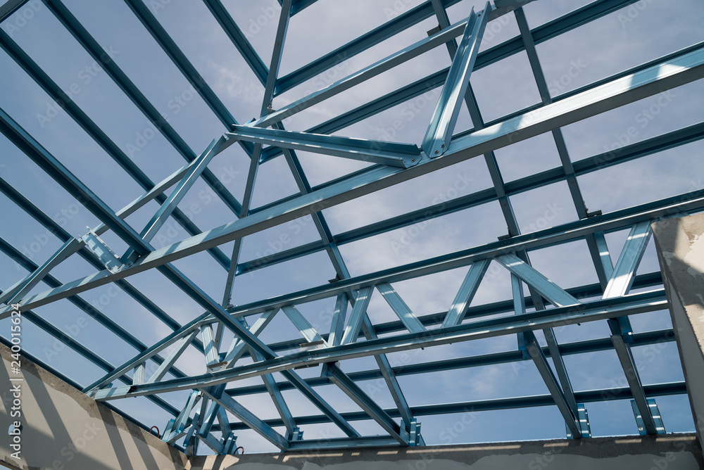 Structure of steel roof frame for building construction.