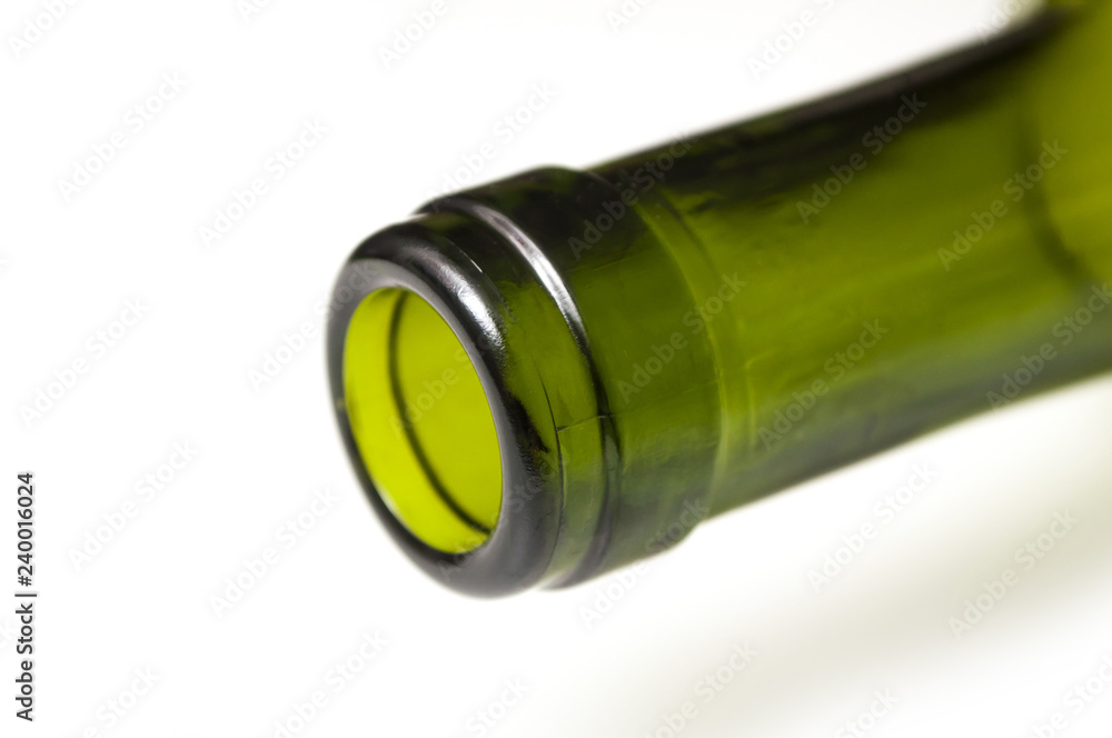 closeup of neck of empty bottle of wine for recycling on white background
