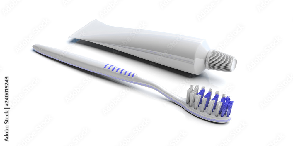 Toothbrush and blank toothpaste tube mockup isolated on white background. 3d illustration Toothbrush and blank toothpaste tube mockup isolated on white background. 3d illustration