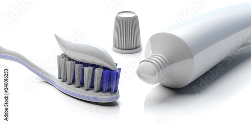 Tooth paste on a toothbrush and blank toothpaste tube on white background, closeup view . 3d illustration