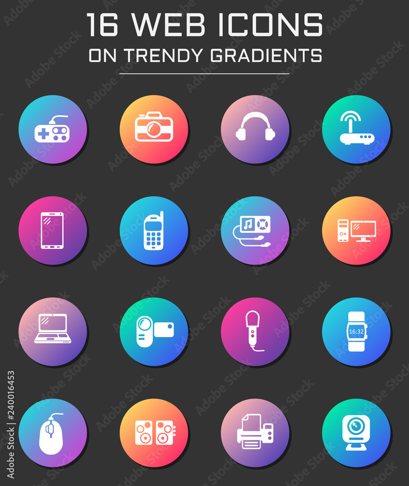 gadget icon set. gadget web icons on round trendy gradients