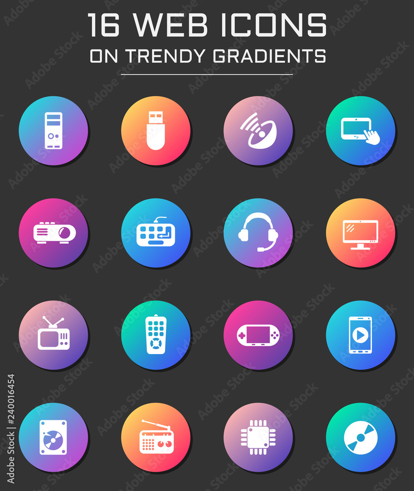 gadget icon set. gadget web icons on round trendy gradients