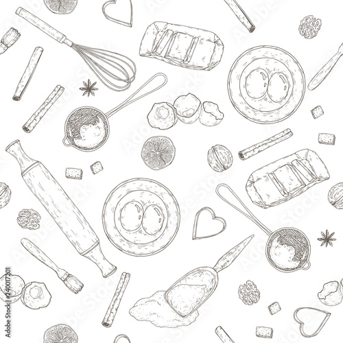 Bakery seamless pattern with rolling pin, beater, mold, strainer, flour, eggs, butter, lemon, spices. Hand drawn sketch.