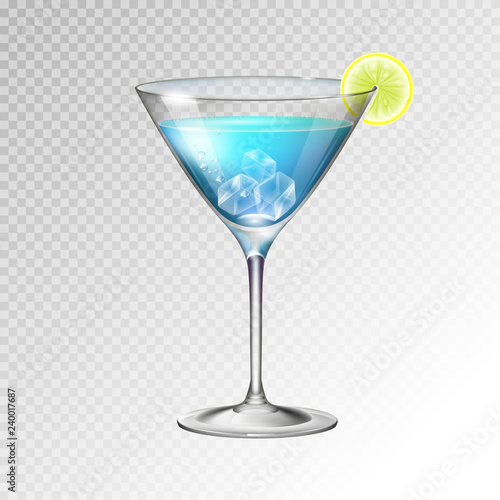 Realistic cocktail blue lagoon glass vector illustration on transparent background