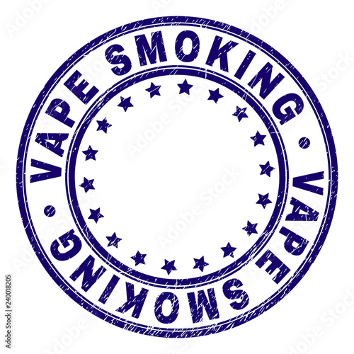 VAPE SMOKING stamp seal watermark with grunge texture. Designed with circles and stars. Blue vector rubber print of VAPE SMOKING title with scratched texture.