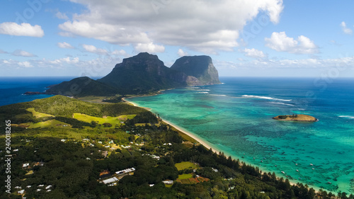 Aerial view of Lord Howe Island (World Heritage-listed paradise), turquoise blue lagoon and Mount Gower on background - New South Wales - Tasman Sea - Australia from above photo