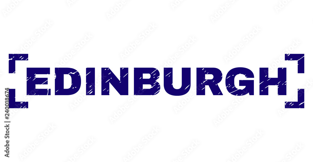 EDINBURGH tag seal print with corroded style. Text title is placed inside corners. Blue vector rubber print of EDINBURGH with corroded texture.