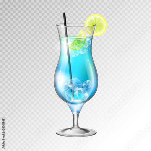Realistic cocktail blue lagoon glass vector illustration on transparent background