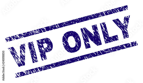VIP ONLY seal print with scratced style. Blue vector rubber print of VIP ONLY label with dirty texture. Text label is placed between parallel lines.