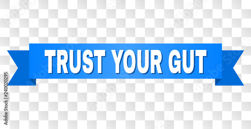 TRUST YOUR GUT text on a ribbon. Designed with white title and blue tape. Vector banner with TRUST YOUR GUT tag on a transparent background.