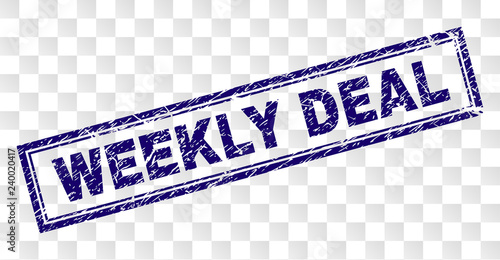 WEEKLY DEAL stamp seal print with scratched style and double framed rectangle shape. Stamp is placed on a transparent background. Blue vector rubber print of WEEKLY DEAL label with scratched texture.