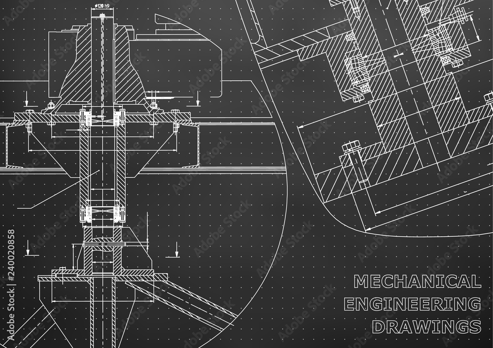 Obraz premium Mechanical engineering. Technical illustration. Backgrounds of engineering subjects. Technical design. Instrument making. Cover, banner, flyer, Black background. Points. Corporate Identity